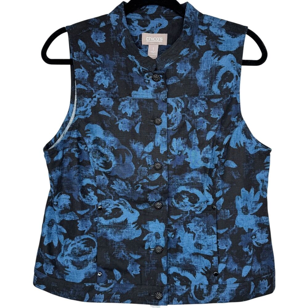 Chico's Black and blue floral print vest unique metal buttons Size Medium